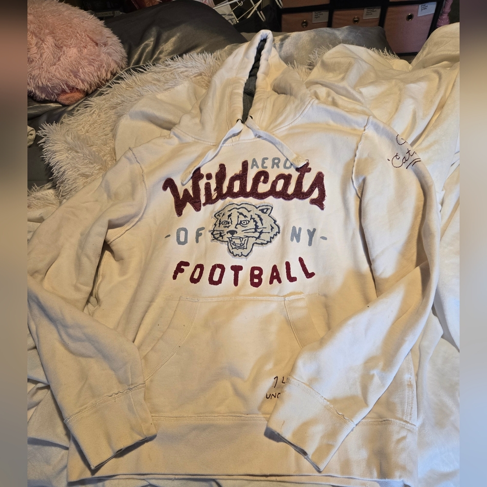 Aeropostale S Lg Unisex Drawstring Hoodie Creamy White w/ Burgandy Accent Color